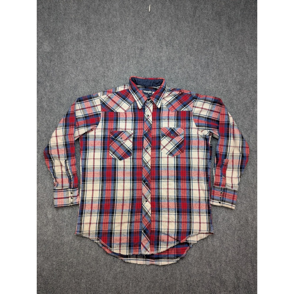 Vintage Wrangler Flannel Pearl Snap Western Plaid XL 18‎ Xlong Tails Heavyweight